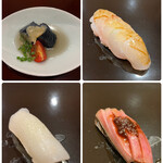 すし繁 - 昼のおまかせ８０００円。茄子オランダ煮、クエ昆布締め、白イカ、低温調理のメジマグロ 。白イカとメジマグロは包丁技も光る一品です（╹◡╹）