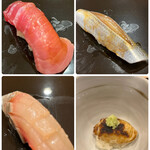 すし繁 - 昼のおまかせ８０００円。中トロ、小肌、縞鯵、ごま河豚白子。〆加減が絶妙な小肌、づけにした縞鯵と技ありの一貫です（╹◡╹）（╹◡╹）