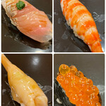 すし繁 - 昼のおまかせ８０００円真鯵、車海老、石垣貝、いくら。大好物の車海老と石垣貝は素晴らしい味わい！　それらを凌ぐ真鯵でした（╹◡╹）（╹◡╹）