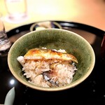 まき村 - ◯ 鮎（五島）の炊き込みご飯、赤だし、香の物（水茄子ほか）