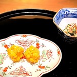 まき村 - ◯ 玉蜀黍の素揚げ（手毬揚げ）
      ◯ 夏野菜、アーモンドなどの胡麻クリーム和え