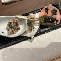 WASHOKU SUSHI いぶき 銀座店 - 竹の子の生ハム巻き・桜海老と菜の花の白和え・よもぎ麩の胡麻味噌田楽
