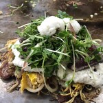 Okonomiyaki Hirano - ソバライス、やまと芋、大葉、カイワレ、茗荷、鰹たたき、鱧湯引き