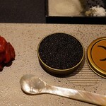 Nishiazabu Yakiniku X - Tajima Beef Yukhoe, served with caviar in a can, and lemon sour cream underneath, Tajima Beef