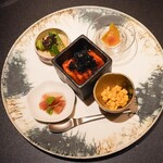 Nishiazabu Yakiniku X - Simply Tossed Crunchy Napa Cabbage Kimchi, Kankan Musume Corn, Tajima Gen Ham, Myoga Pickles, Sanriku Kenzan Wakame and Cucumber