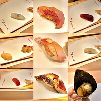 名古屋 栄 栞庵 鮨 やましろ - -お寿司- にぎりが7貫、巻物、たまご、べったら漬け