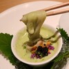 にかい笹木 - ①五島素麺、ずんだソース、蝦夷馬糞雲丹&キャビア&紫蘇の花載せ
                  ちょっと味わいは濃いめですが、夏らしい一品