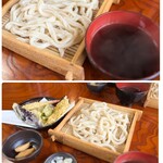 清水庵 - 茹でたてのうどんと熱々のつけ汁、天ぷらが運ばれてきました。
薬味はネギと生姜。大根のお新香。