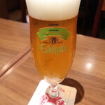 Ginza Raion - エーデルピルス "EDELPILS"（オリジナルグラス）「チェコ・ザーツ産ファインアロマホップだけを使用した、鮮烈な苦味と華やかな香り。ファインアロマホップを通常の３倍（サッポロビール社内比）と贅沢に使った、上品なホップの苦みと香りが特徴の麦芽１００％、ピルスナータイプの生ビールです。」※メニュー表記通り