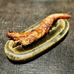 Tamawarai - 先ずは、瓶ビールと西京味噌の「海老の焼き物」を注文。香ばしく焼かれた才巻き海老は西京味噌に3日間漬け込まれパリパリに焼き上げた逸品。ビールのアテにはサイコー♫  