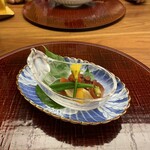 鍋茶屋 光琳 - 先付　タコ、トマト、オクラ、きゅうりの若芽