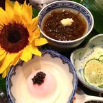 青華こばやし - 前菜：鱧の卵　塩煮、温泉卵ととんぶり、もずく