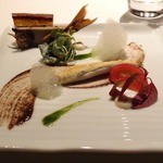 銀座 レカン - Aug, 2013　鮎のソテーとリエット仕立て　フォアのソースのコンボジション