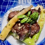 とり茶太郎 - 比内地鶏砂肝と姫筍の木の芽麹和え