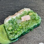 焼鳥 みかど - 前菜：野菜のテリーヌ ～空豆のソース～