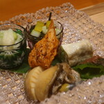 日本料理 幸庵 - 煮鮑肝添え、万願寺唐辛子味噌、穴子と胡瓜の湯葉巻き山椒、このこ炙り、白瓜の鱧子和え、もずく酢