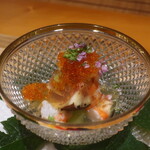 日本料理 幸庵 - 車海老、無花果、芋茎の加減酢ジュレ掛けアップ