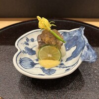 日本料理 直 - 子持ち蝦蛄、加賀太胡瓜の雲丹きぬた巻き、長芋