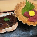 旬菜大前 - 茄子の味噌田楽と鮪の刺身