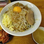 麺屋ガテン - ＭＡＺＥそば930円、麺中200ｇ、ヤサイマシ、ニンニクアブラマシマシ(2023.7.14)