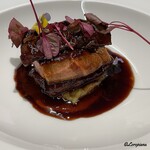 プチレストラン ブーケ・ド・フランス - 穴子のポシェとフォアグラのソテーと茄子をフォン･ド･ヴォーとポルト酒とバルサミコとキャラメルのソースで