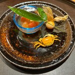 天ぷら 桜人 - 前菜〜フルーツ鬼灯のシャーベット　沢蟹　フルティカトマト