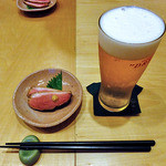 天ぷら処 こさか - 生ビール ＆ お通し（鴨ロース）（２０１３年９月）