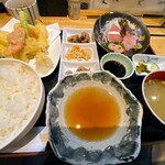 スタンド 富 - ランチで「キスとえびと野菜の天ぷらと刺身定食」