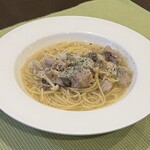 Japanese style pasta with chicken and mushroom sauce