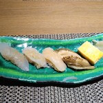 京橋 寿司 ひさ田 - 後の鮨4貫：フッコ、白エビ、ホタテ、アナゴ、蒸し卵
