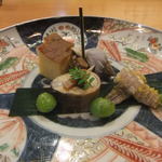 日本料理 たかむら - 2013/09　バイガイ、落ちアユ、蝦蛄カラスミ和え、新銀杏