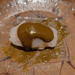 くろ﨑 - 余った肝ソースに白海老とシャリ