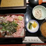 Nami Hana - あじとネギトロのハーフ丼・ごぼうと人参のマヨ和え､お漬物､あおさのお味噌汁♪