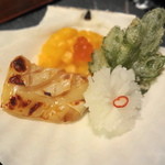 葉山 日影茶屋 - 会席葉山　焼き物　マナガツオの柚庵焼　帆立の菊花焼