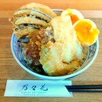 Tenpura Nonoka - のっけ天丼(イカ￥150×２、半熟たまご￥150、シイタケ￥120、カボチャ￥110 　ナス￥110、玉ねぎ￥110、普通ごはん￥280)　￥1180