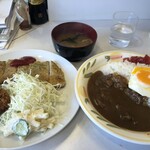 キッチンニュー早苗 - 日替り定食(840円) ポークピカタ・帆立フライ・目玉焼・みそ汁＋カレー(100円)