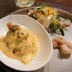 Linne - コースの前菜はウフマヨとお豆腐とヤリイカの梅肉和え