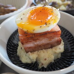 Manly bacon potato salad topped with soft-boiled egg