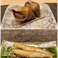 宮わき - 上：磯つぶ貝旨煮
                    爪楊枝で殻から抜き取りますが、最後の内臓が二つ共に抜けきらず！
                    
                    下：稚鮎の南蛮漬け
                    作り置きですが冷たくてさっぱりとして美味しいです♪
                    夏には酢を効かせた料理が良いですね。