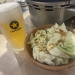 Zerobyou Remonsawa Sendai Horumon Yakiniku Sakaba Tokiwatei - 生ビール、キャベツ