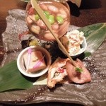 Ishii - いろいろお豆と根菜のジュレ、枝豆とドライイチヂクのチーズ白和え、胡麻豆腐、鱧天ぷら、合鴨のロース煮