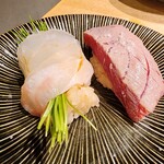 Sushiya Kotobuki Tsukasa - 鯛の芽ねぎ巻き、マグロ炙り（塩レモン）