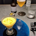 malca - とうもろこしの冷製スープ。こちらも2度目ましてながらお気に入りだからむしろ2度目いただけて嬉しかった一皿。ひんやりシャーベットのとうもろこしがホント大好き♡ 真夏で暑いから素直に冷たくて嬉しいです☆