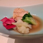 イグレック志摩 - 伊勢どりという地鶏と夏野菜を酢橘の酢と酢味噌で。