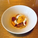 Restaurant Sola - ③冷前菜：サーモン パプリカソース、トマト、
                               メロンムース