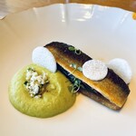 Restaurant Sola - ④魚料理：鮎とフォアグラ　ズッキーニのソース