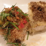 Felicelina - 銚子産　イワシ　カダイフ包み焼き　スカモルツァチーズ風味と愛媛産　活〆ハモ　セモリナ粉フリット　たっぷり夏トリュフの香り；取り分けて