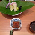 日本料理 晴山 - マハタ（黄ニラ添え）、醤油と自家製ポン酢