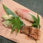 味享 - 茗荷と甘鯛の押寿司、鱧の付け焼き、白瓜の雷干しの胡麻和え