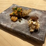 鮨 一二郎 - アブラメと雲丹の醤油焼き。無花果クリームチーズ。お酒にマリアージュ(๑♡∀♡๑)